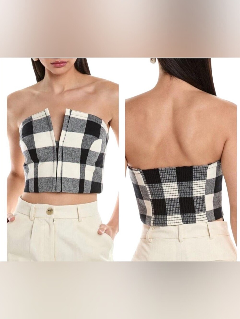 Mara Hoffman Black & White Plaid Strapless Crop Top